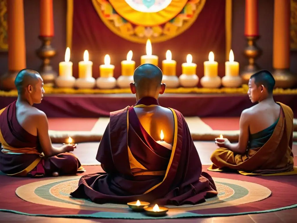 Monjes tibetanos practicando técnicas ancestrales budistas para gestionar estrés en un templo sereno, rodeados de tapestries coloridos y luz de velas