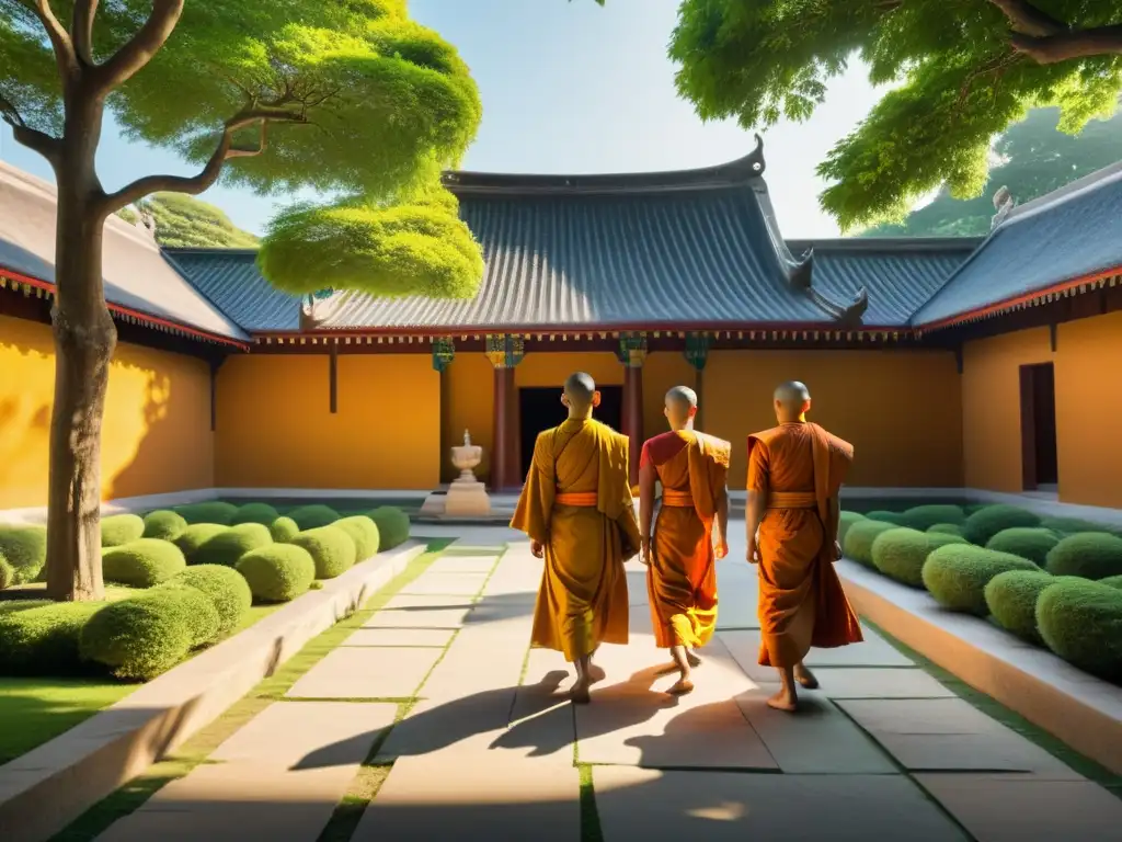 Monjes en meditación caminando en un sereno patio de templo Monjes en meditación caminando en un tranquilo templo, rodeados de naturaleza exuberante