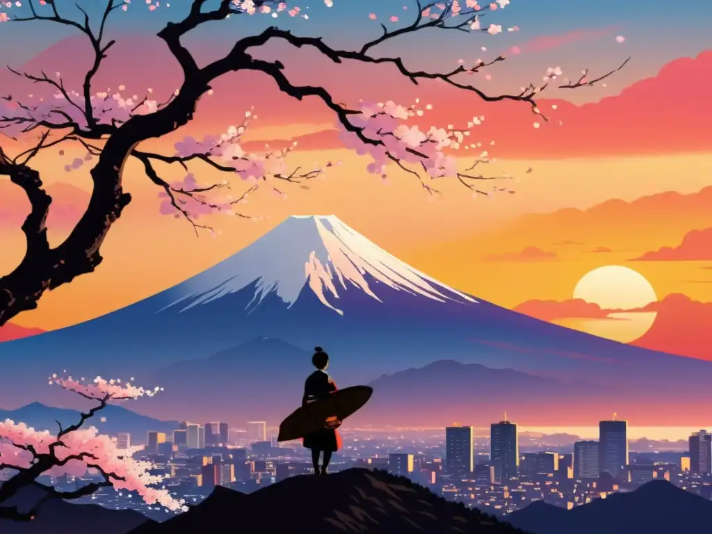 Monte Fuji pintura japonesa: artista pintando el icónico monte Fuji al atardecer, entre delicadas flores de cerezo, evocando inspiración cultural