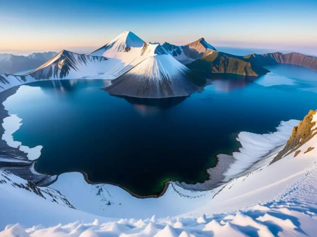 Monte Paektu, con picos nevados y lago en cráter, al amanecer