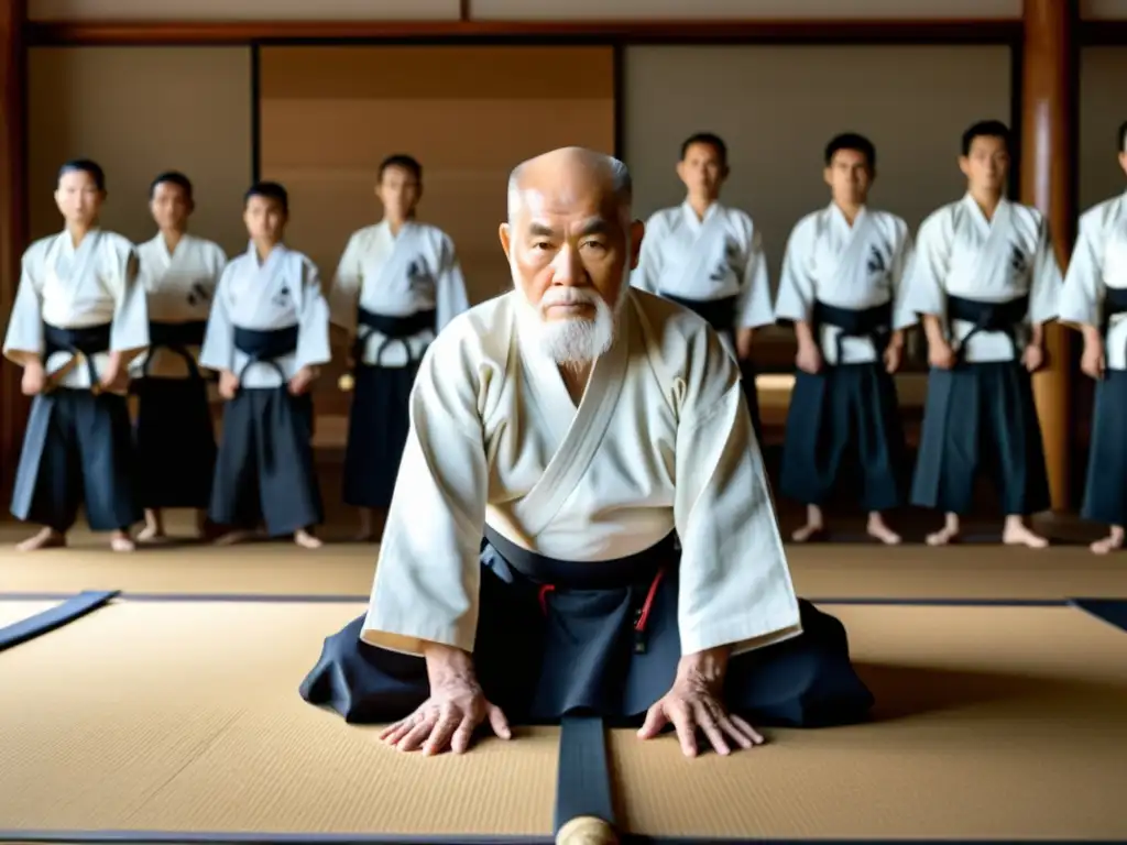 Morihei Ueshiba, fundador del Aikido, muestra una técnica precisa y elegante en un dojo tradicional