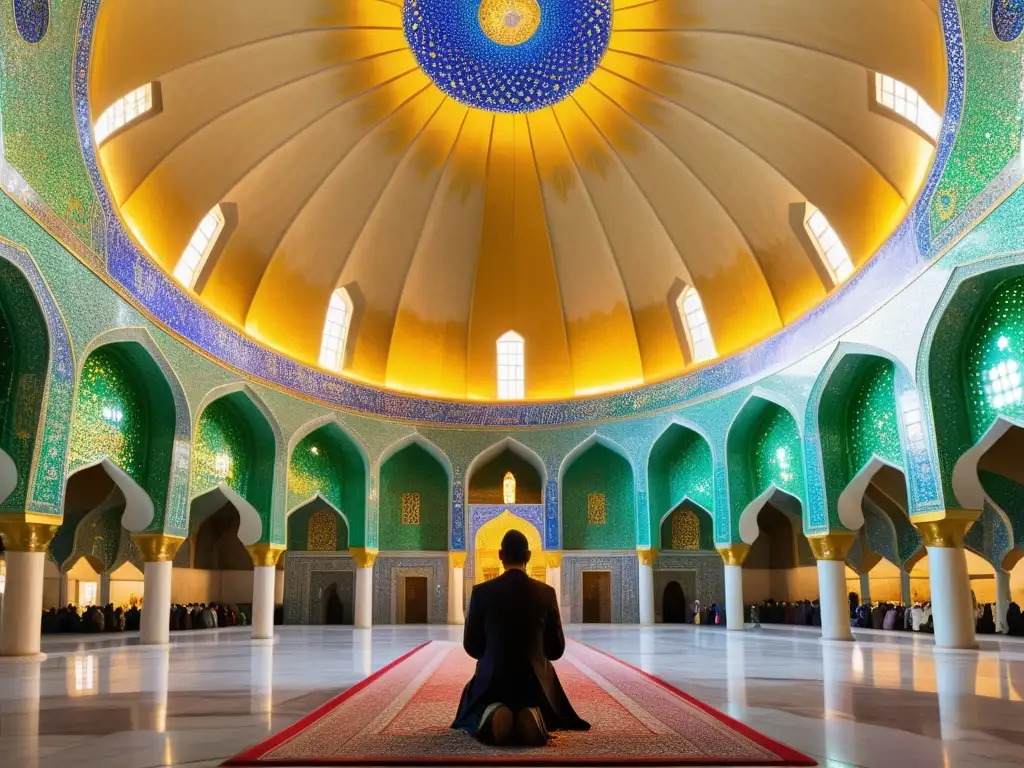 La cúpula de mosaicos de El Santuario de Shah Cheragh brilla bajo la luz dorada del atardecer