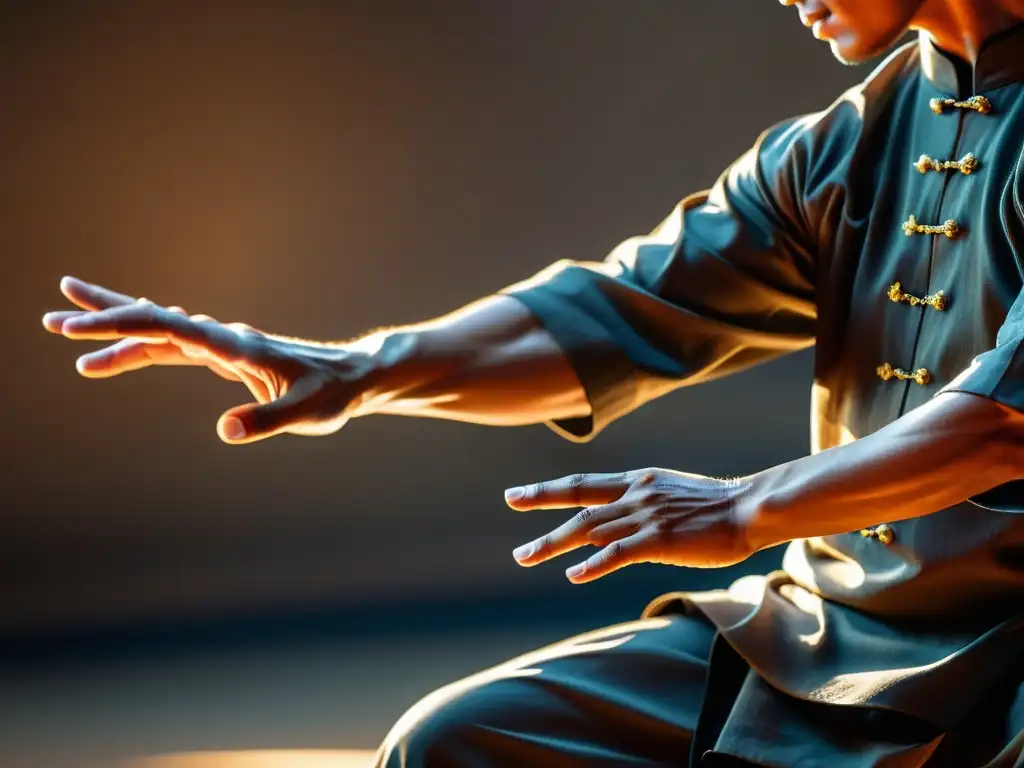 Un Kung Fu master ejecuta un movimiento preciso y elegante, mostrando la filosofía del Kung Fu Taoístico en su técnica