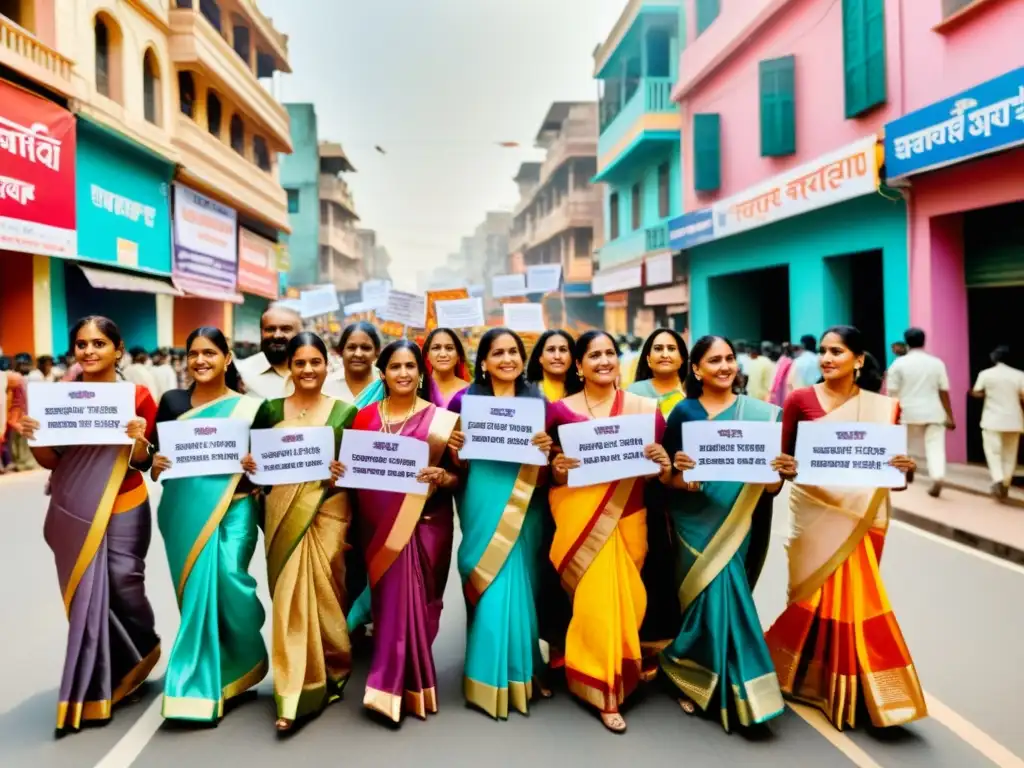 Movimiento social por la igualdad en India: mujeres con sarees coloridos marchan con pancartas, expresando determinación y empoderamiento