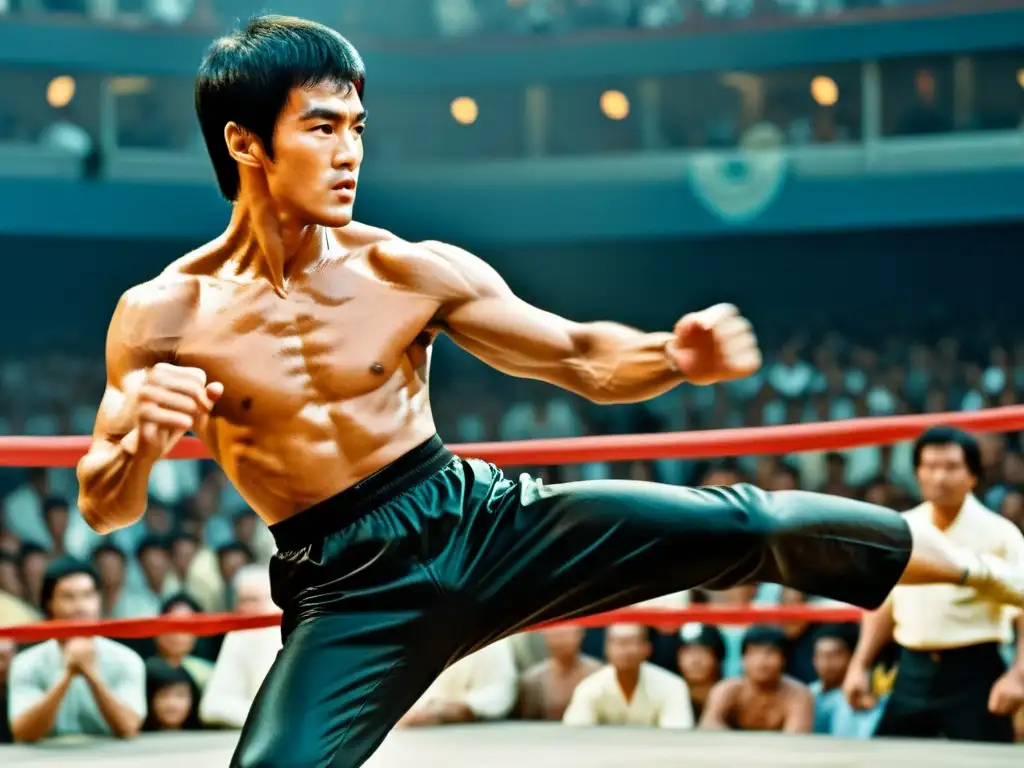 Bruce Lee muestra una patada potente y precisa en una escena de lucha, con espectadores asombrados