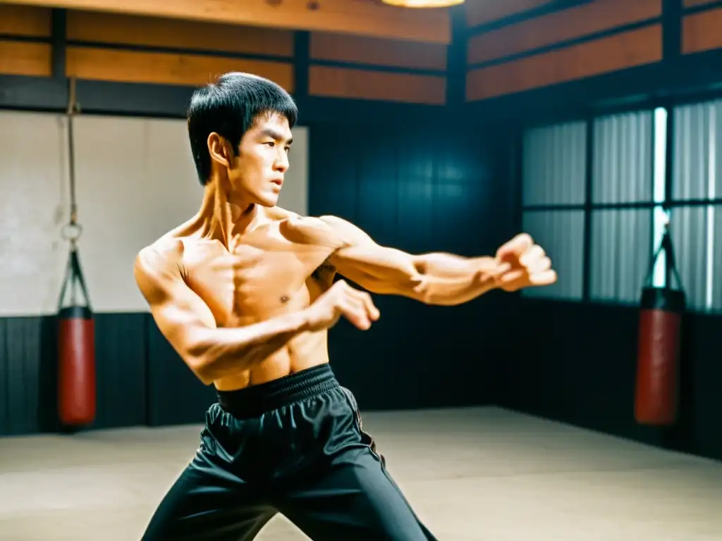 Bruce Lee muestra una técnica de Jeet Kune Do con intensidad y precisión en un estudio de artes marciales