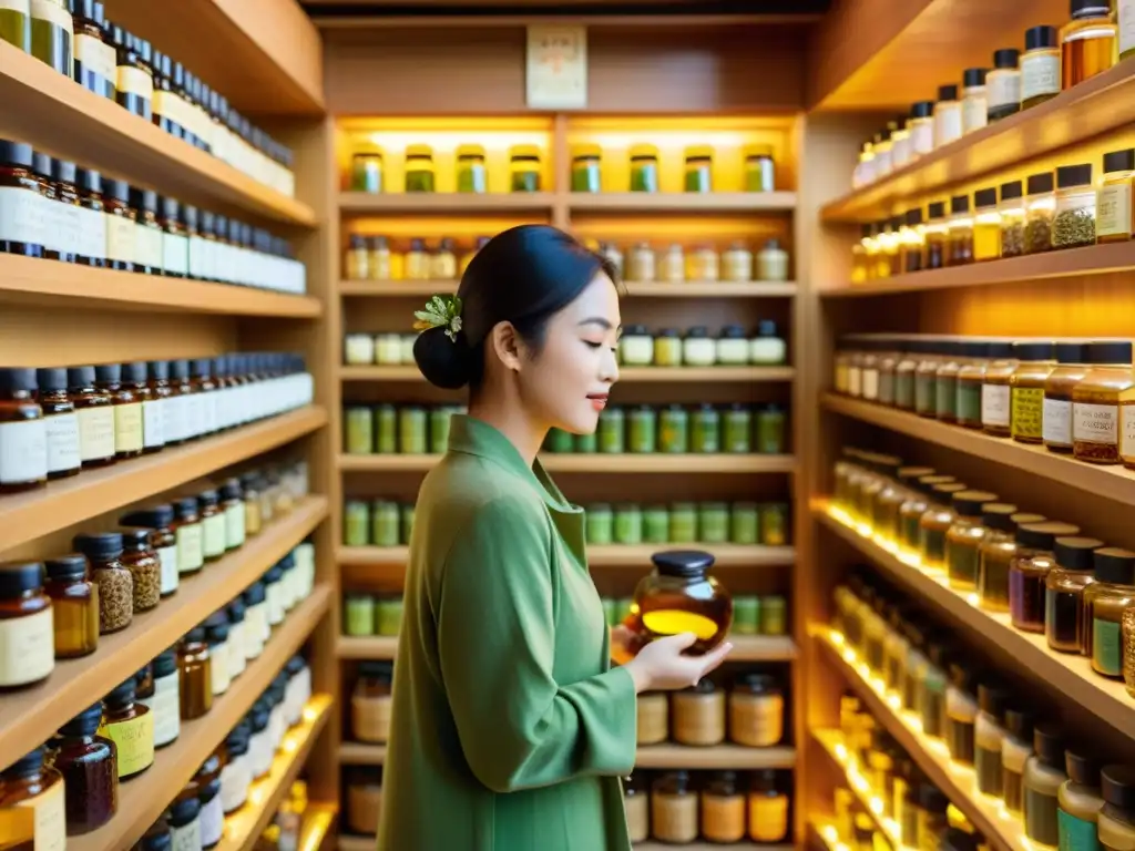 Una mujer selecciona aceites y hierbas en una tienda asiática de medicina herbal