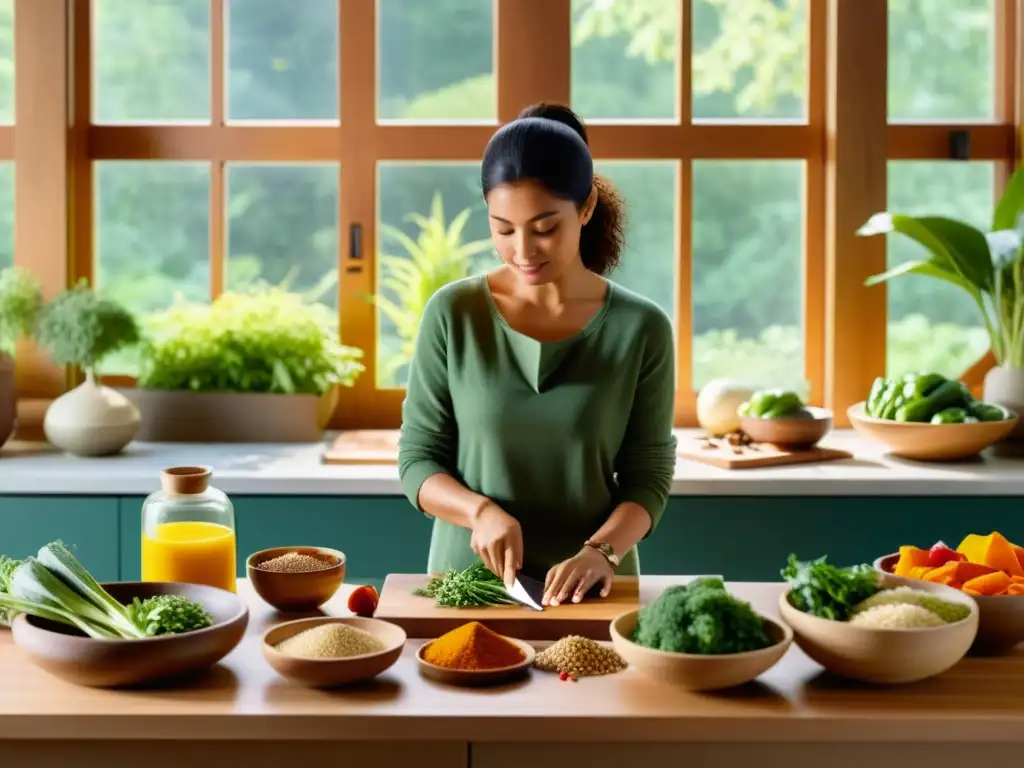 Una mujer prepara alimentos frescos en una cocina luminosa, reflejando los principios Ayurveda en la dieta occidental