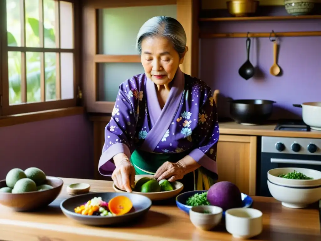 Una mujer anciana de Okinawa en kimono prepara plato tradicional