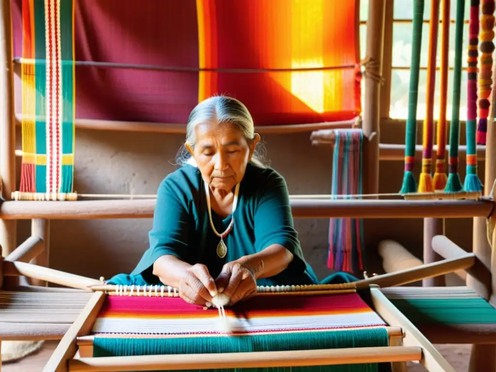 Una mujer anciana teje patrones vibrantes en un telar, preservando su herencia cultural a través del arte del tejido