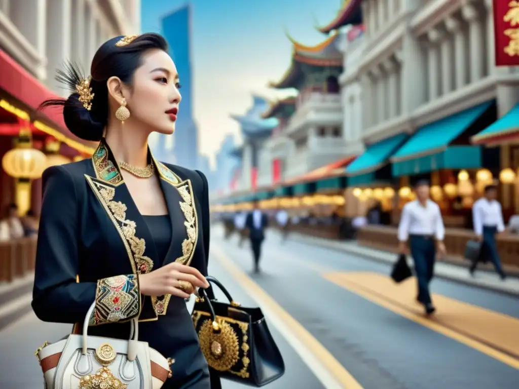 Una mujer asiática elegante camina por la bulliciosa ciudad, luciendo accesorios de moda asiática de lujo que combinan tradición y modernidad