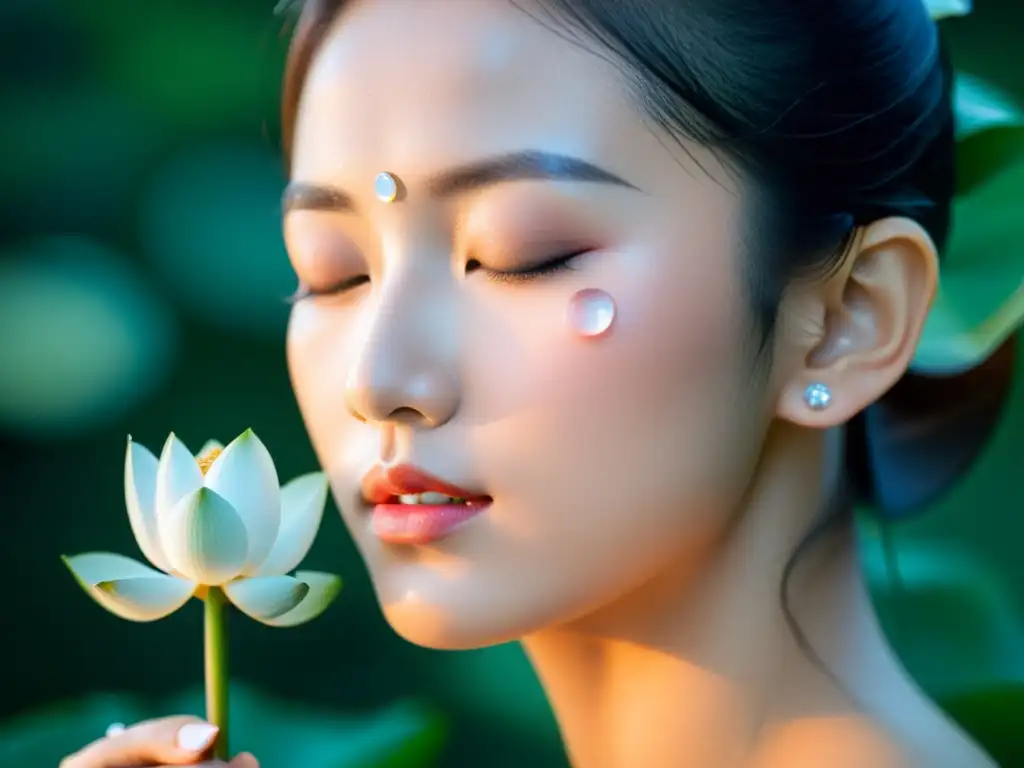 Una mujer asiática serena sostiene una flor de loto, evocando tranquilidad y belleza