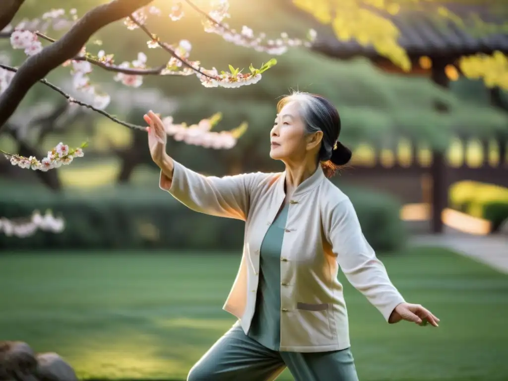 Una mujer asiática mayor practica tai chi al amanecer en un jardín sereno, rodeada de vegetación exuberante y árboles de cerezos en flor