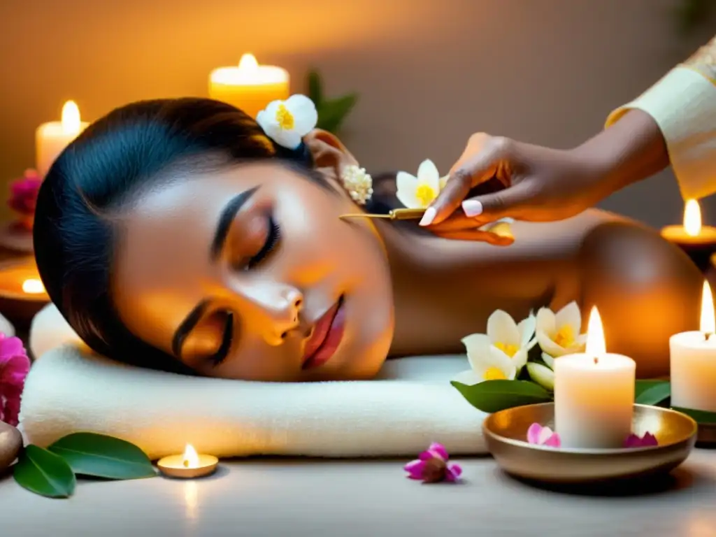Ritual de belleza ayurvédico: serenidad y auténtica tradición Una mujer en atuendo tradicional indio aplica productos de cuidado ayurvédico rodeada de flores, velas y tranquilidad