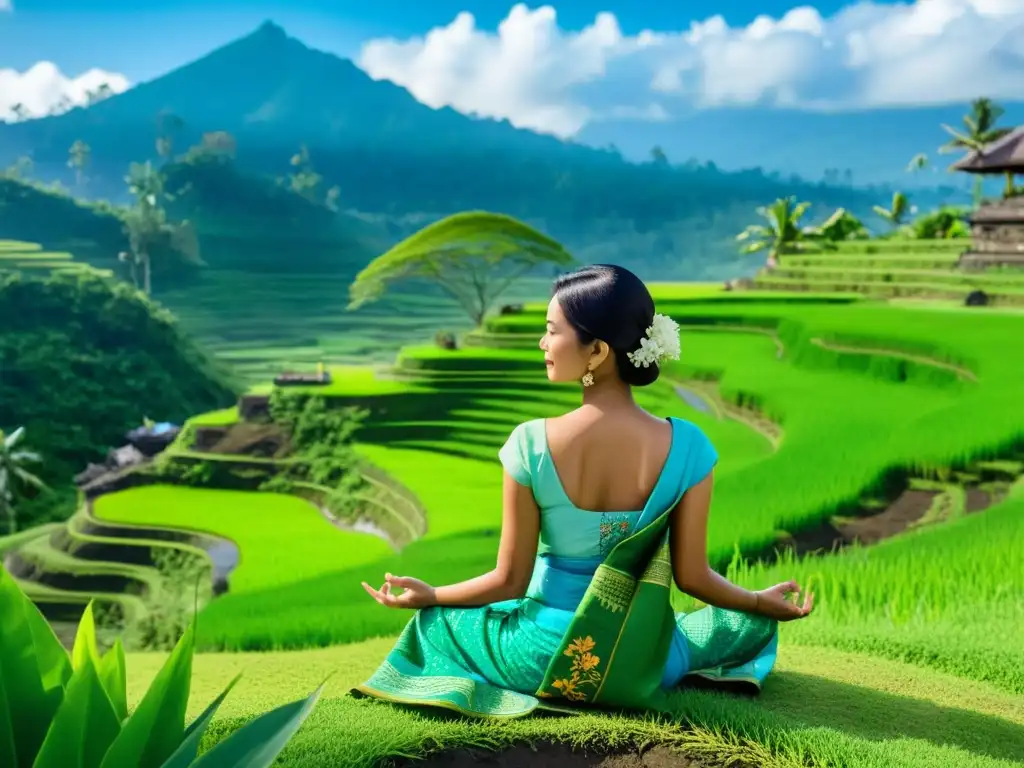 Una mujer balinesa medita en un paisaje sereno de arrozales verdes bajo un cielo azul, capturando la esencia del Día del Silencio en Bali