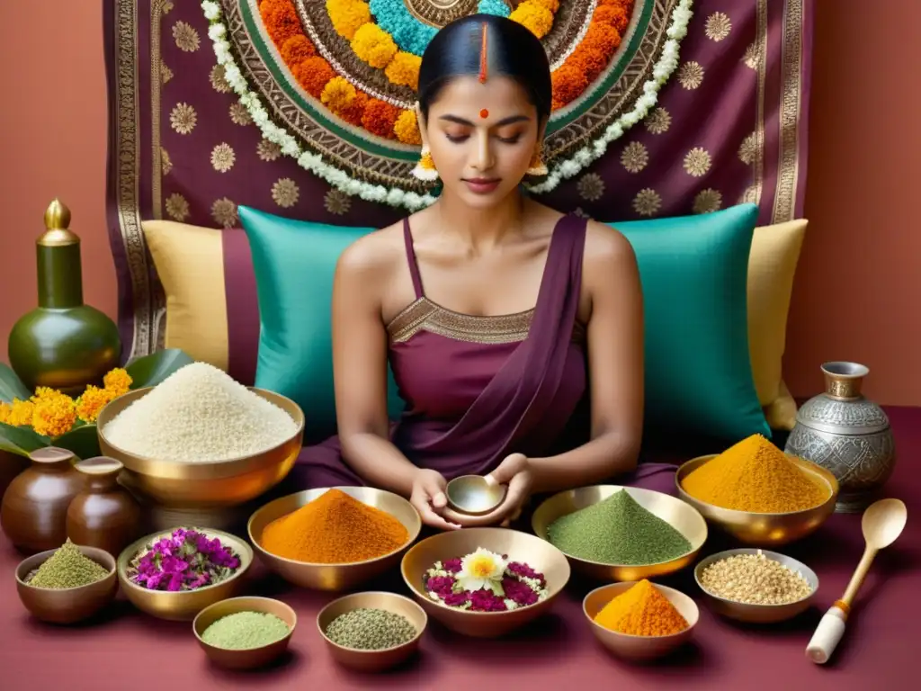 Una mujer disfruta de los beneficios del ayurveda en belleza, inmersa en un ritual sereno y lleno de color