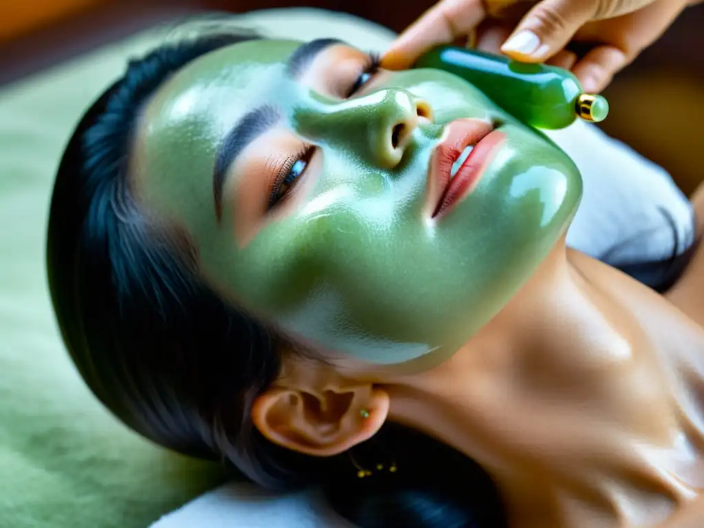 Una mujer disfruta de los beneficios del uso del jade con un rodillo facial, resaltando la belleza natural y la serenidad de la piel