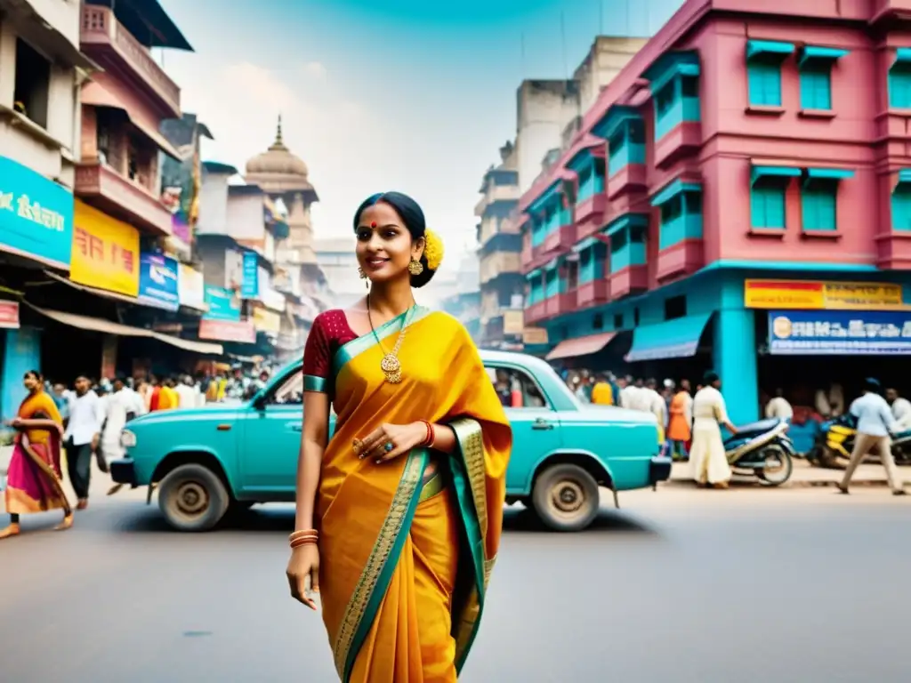 Una mujer en saree pasea por una bulliciosa calle de la India, reflejando la jerarquía social en India y Nepal