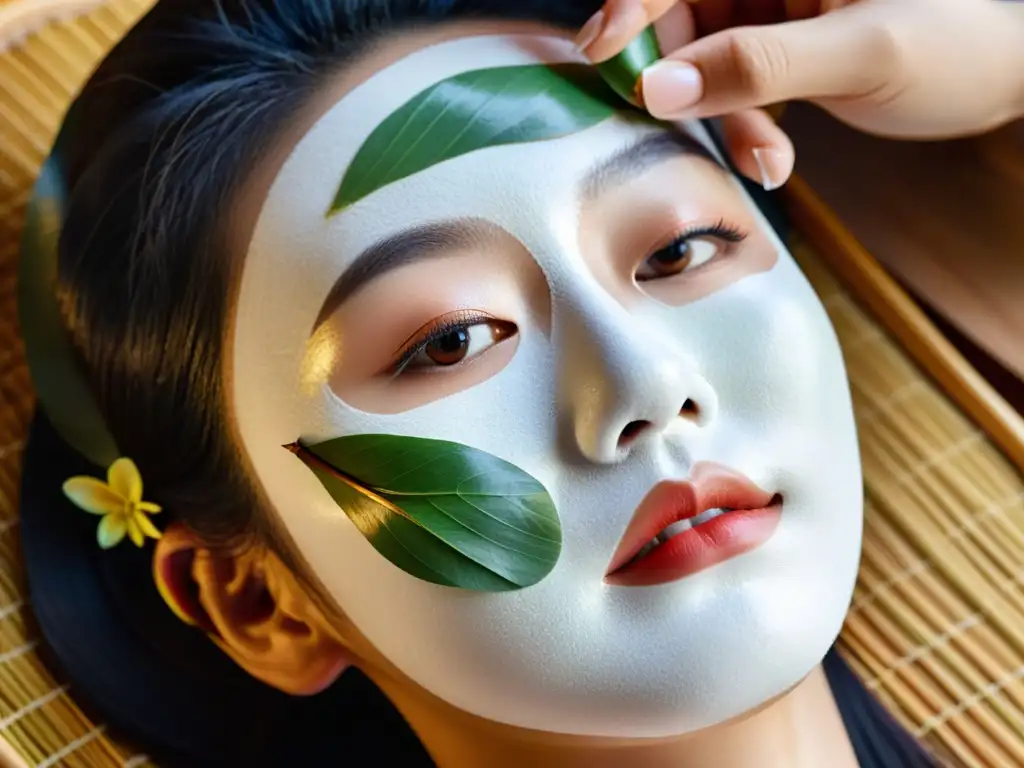 Una mujer coreana disfruta de una aplicación cuidadosa de una máscara de belleza coreana, resaltando los colores vibrantes y la tradición centenaria