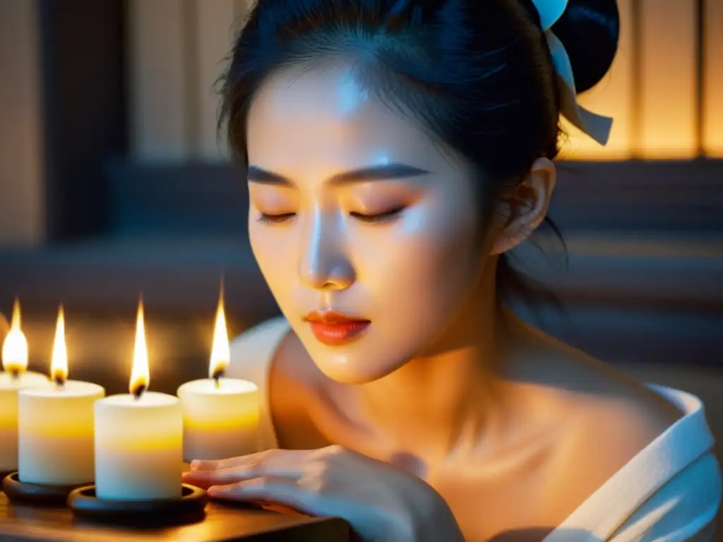 Una mujer coreana serena realiza el ritual coreano doble limpieza piel con delicadeza, iluminada por la suave luz de las velas