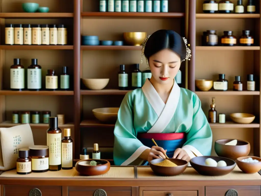 Una mujer en hanbok aplica cosméticos naturales rodeada de antiguos remedios y herramientas de belleza