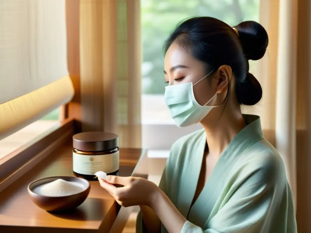 Una mujer aplica con cuidado una mascarilla facial coreana en un ambiente sereno con luz natural