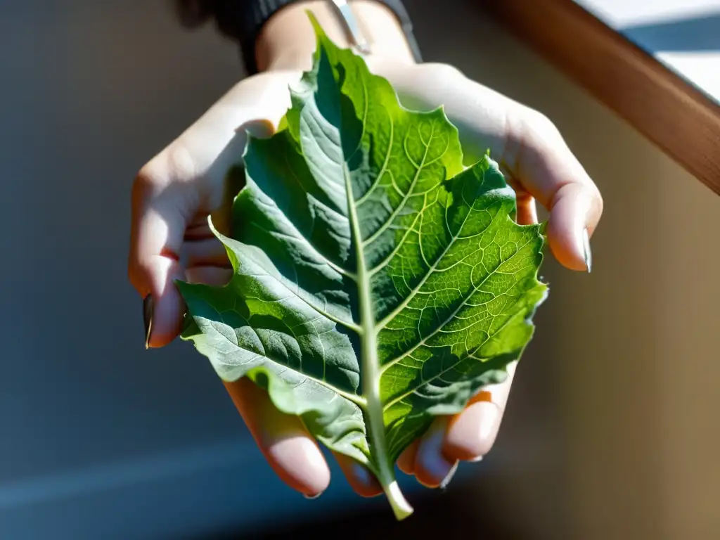 Una mujer sostiene con delicadeza una hoja de lechuga