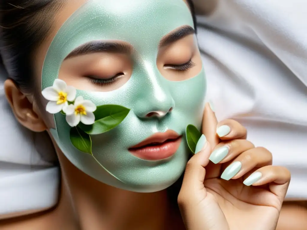 Una mujer aplica con delicadeza una mascarilla hidratante con patrones florales, destacando el cuidado facial en clima asiático