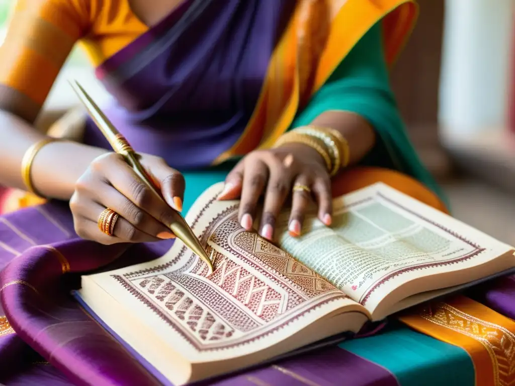 Una mujer crea un diseño de henna mientras teje un sari de seda, con novelas al fondo