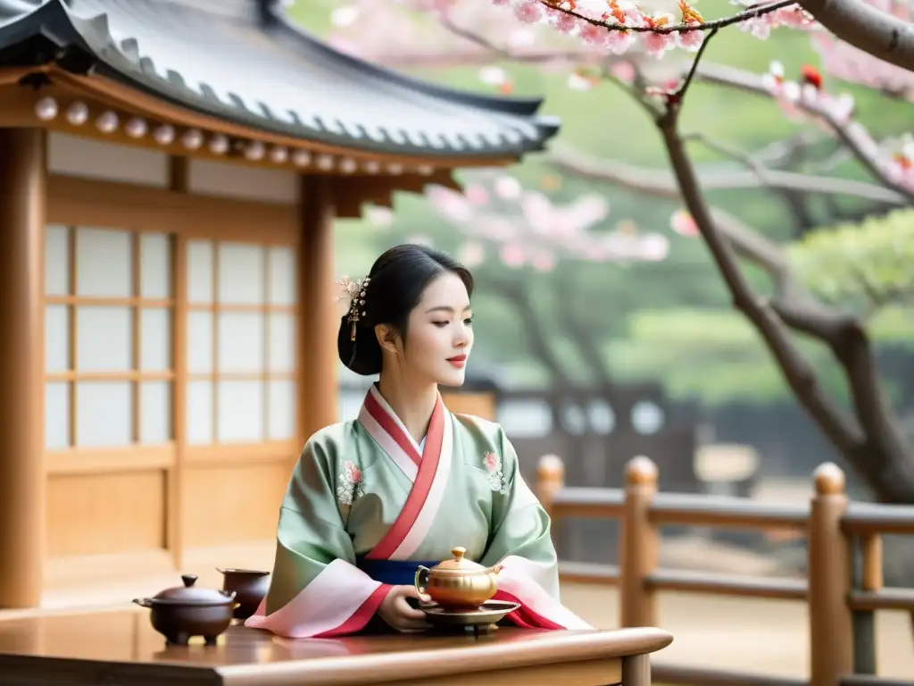 Una mujer elegante en un hanbok vierte té en un tranquilo salón de té coreano, rodeada de arquitectura tradicional y hermosos cerezos en flor