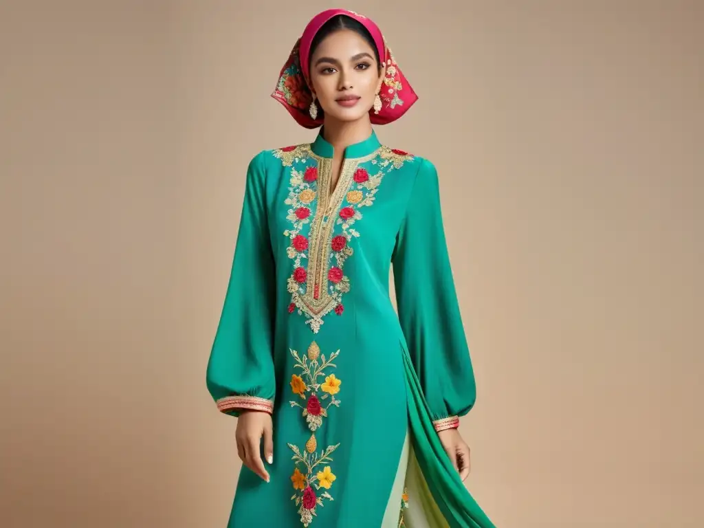 Una mujer con elegante traje Baju Kurung, deslumbrante en su belleza atemporal, se destaca en medio de exuberante vegetación tropical