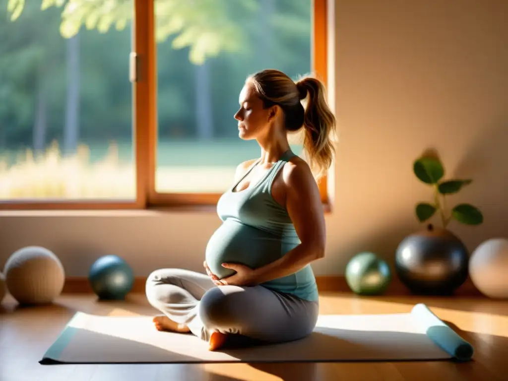 Una mujer embarazada en un estudio de yoga, en una tranquila pose de meditación