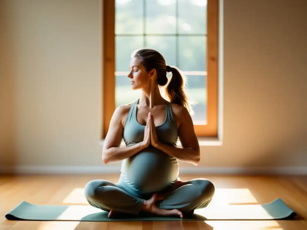 Una mujer embarazada practica yoga prenatal en un estudio, irradiando paz y fortaleza interior