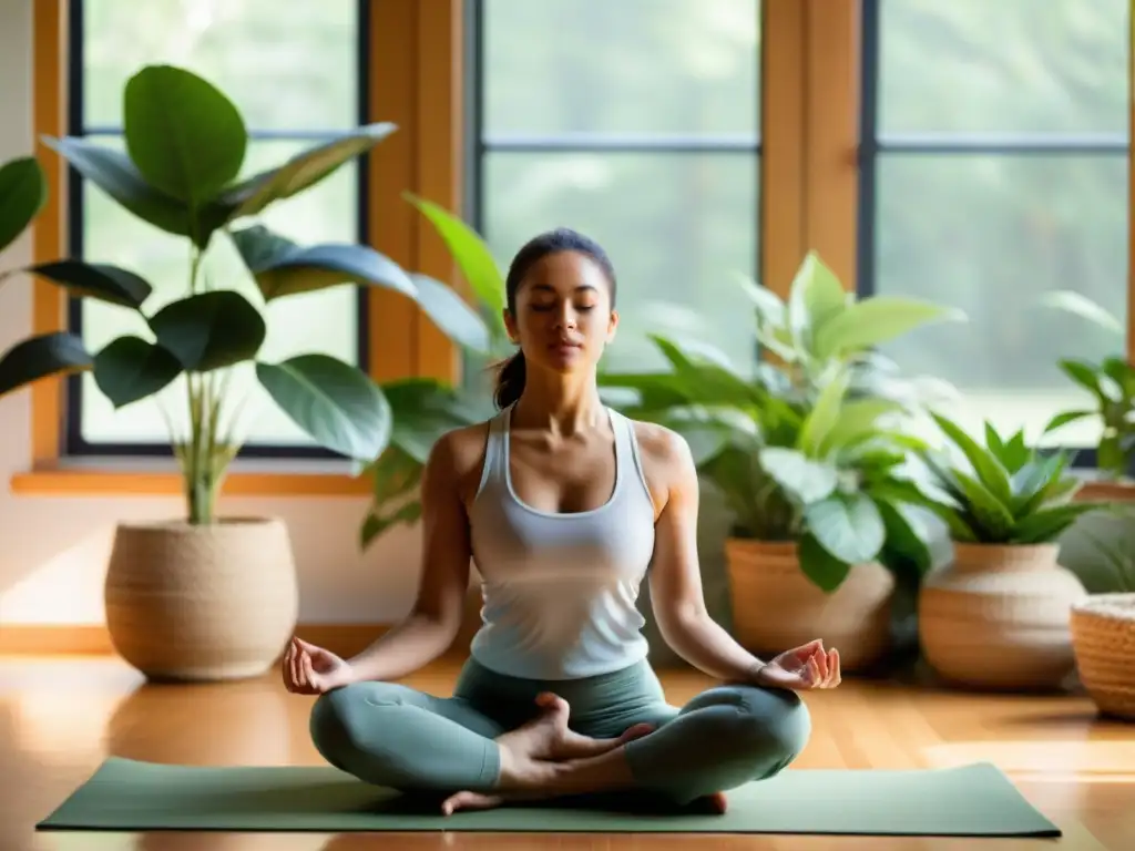 Una mujer practica yoga en un espacio sereno, iluminado por el sol, rodeada de plantas y materiales naturales