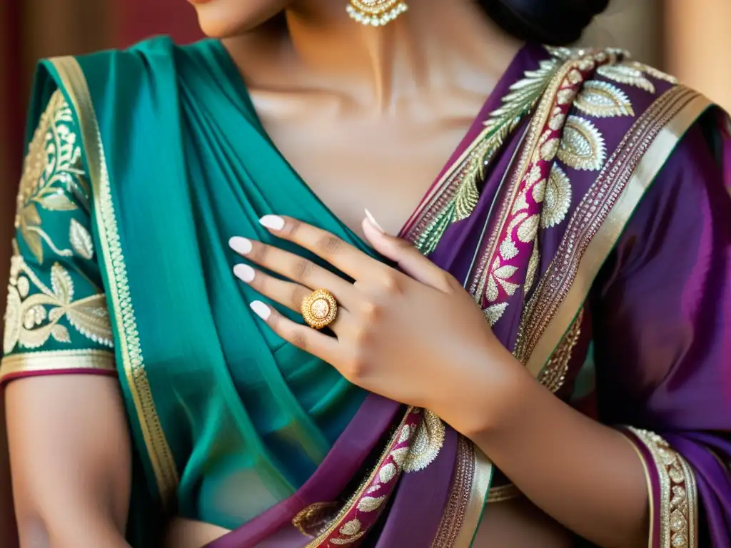 Belleza atemporal: mujer india vistiendo un sari Una mujer india muestra la influencia cultural del sari indio con elegancia y destreza, destacando su rica tradición artesanal