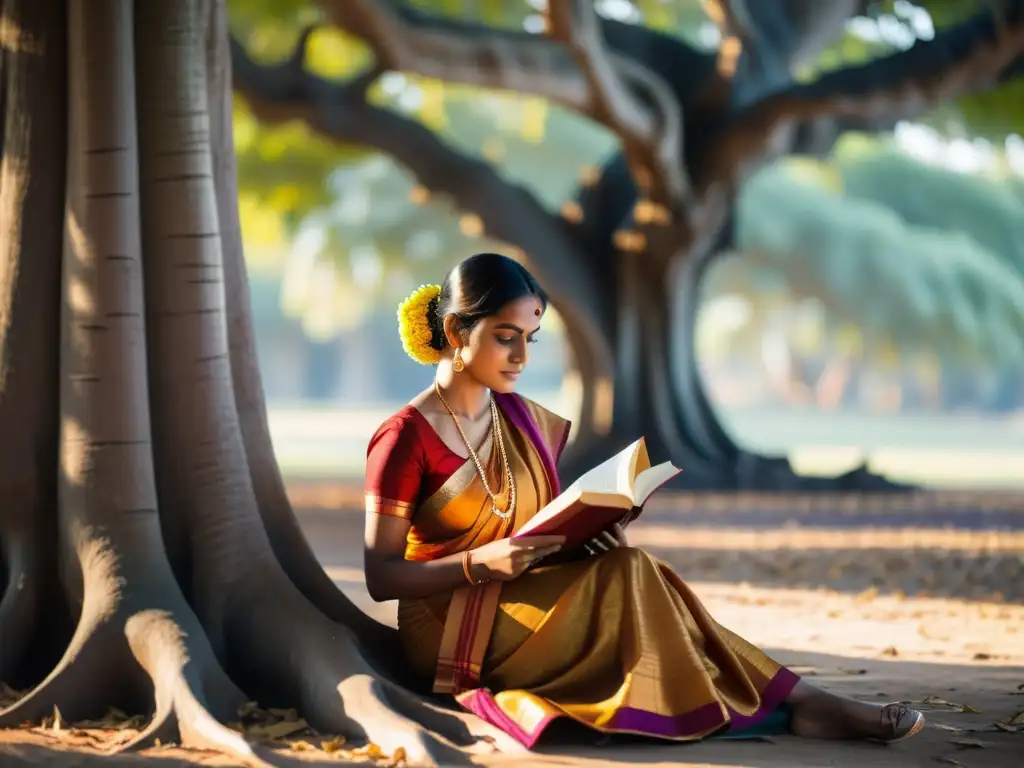 Una mujer india lee una novela histórica bajo un árbol banyan, con un sari vibrante y expresión serena