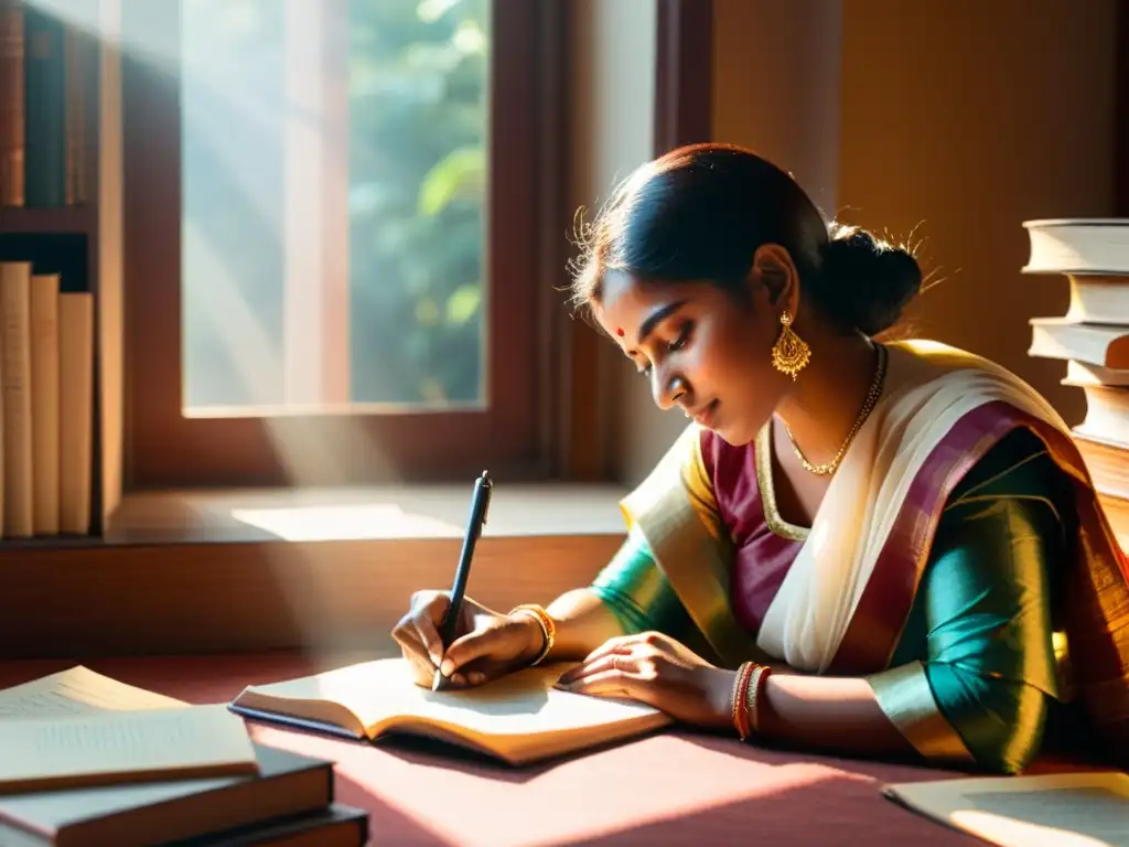 Una mujer india escribe rodeada de libros y papeles, bañada por la cálida luz del sol