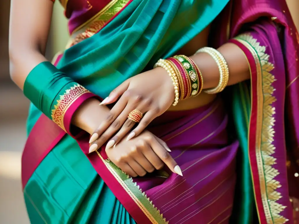 Sari indio: elegancia atemporal en alta resolución Una mujer india lleva un sari vibrante con detalles intrincados, mostrando la influencia cultural del sari indio