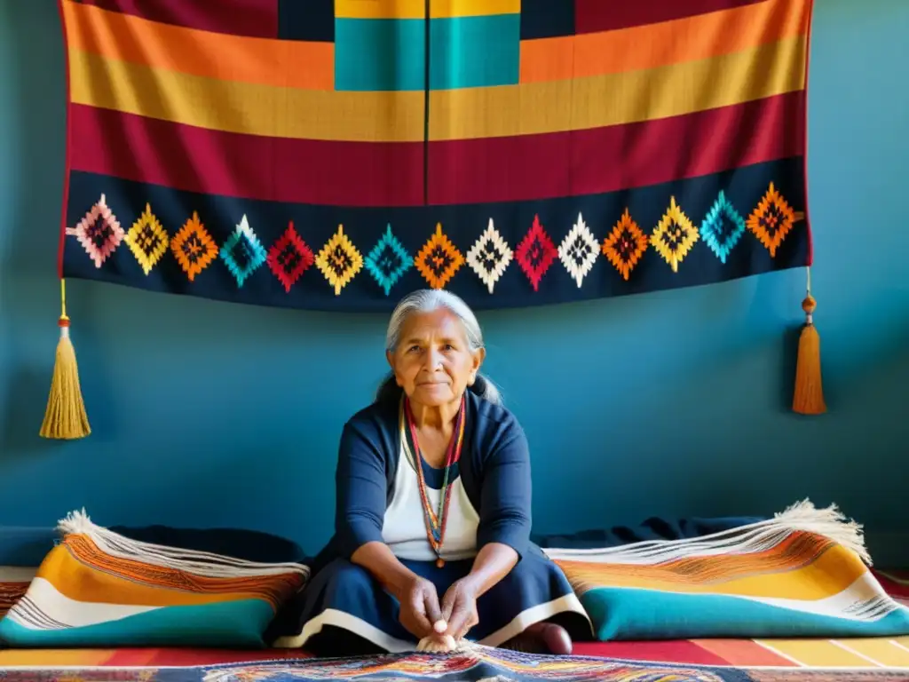 Una mujer indígena teje con cuidado una colorida tela, reflejando la preservación de lenguas en peligro