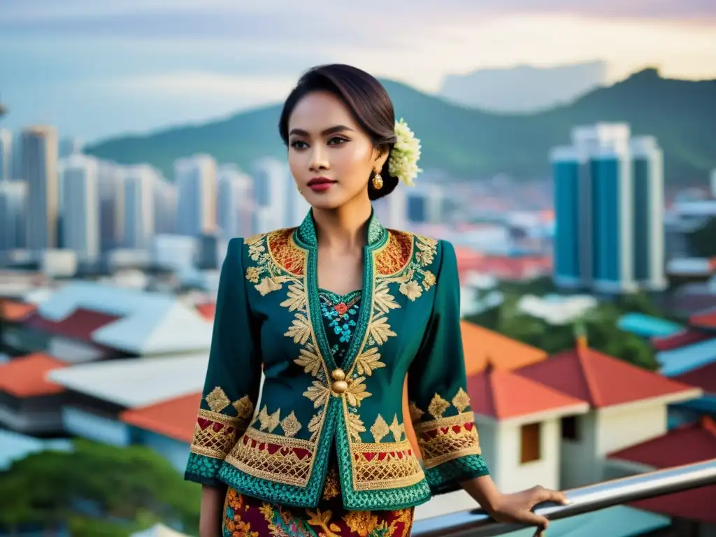 Una mujer indonesia moderna luce un hermoso Kebaya, representando la historia del kebaya en Indonesia, en contraste con la ciudad