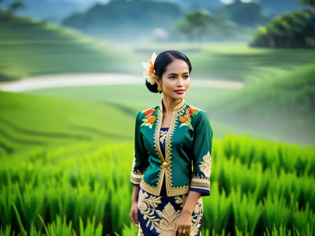 Una mujer indonesia tradicional lleva un kebaya bordado, mientras practica batik en un entorno de arrozales