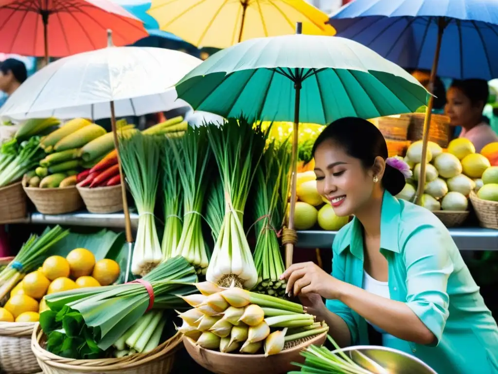 Una mujer selecciona ingredientes frescos en un bullicioso mercado callejero de Bangkok, Tailandia