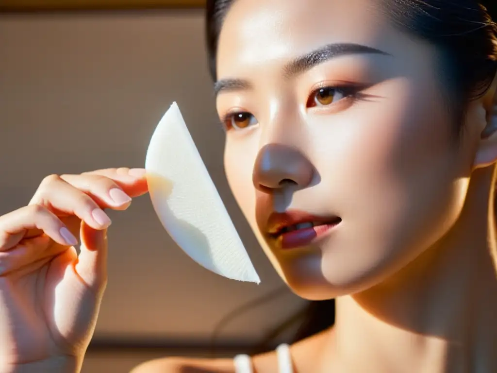 Una mujer japonesa aplica suavemente un algodón infundido con agua de arroz en su rostro, resplandeciendo con un brillo natural