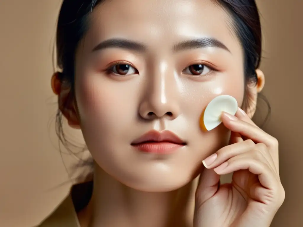 Ritual japonés de cuidado de la piel: serenidad y belleza Una mujer japonesa aplica con cuidado un producto tradicional en su rostro, reflejando la serenidad de las rutinas de cuidado personal asiáticas
