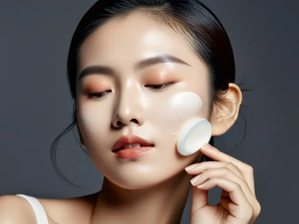 Una mujer japonesa aplica con delicadeza productos de cuidado facial japonés en su piel impecable, rodeada de una variedad de artículos