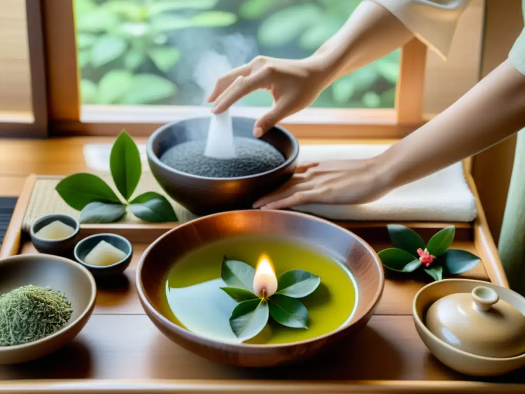 Una mujer japonesa en kimono armoniza aceites para piel, reflejando sabiduría oriental en un ritual de belleza