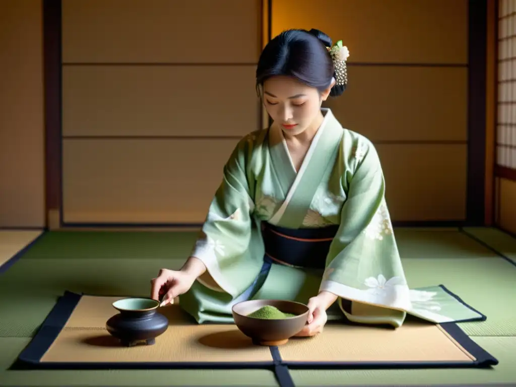 Una mujer japonesa en kimono realiza una ceremonia del té con cuidado meticuloso en una habitación de tatami suavemente iluminada