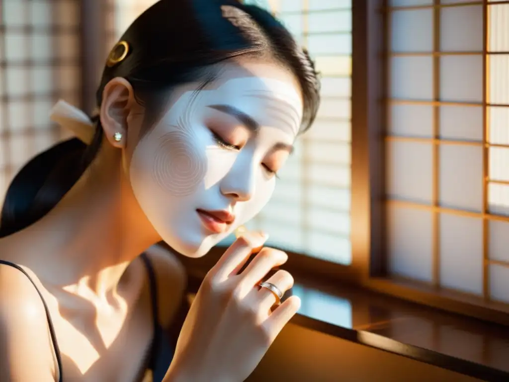 Una mujer japonesa aplica delicadamente una mascarilla facial tradicional, con luz suave filtrándose a través de una pantalla shoji