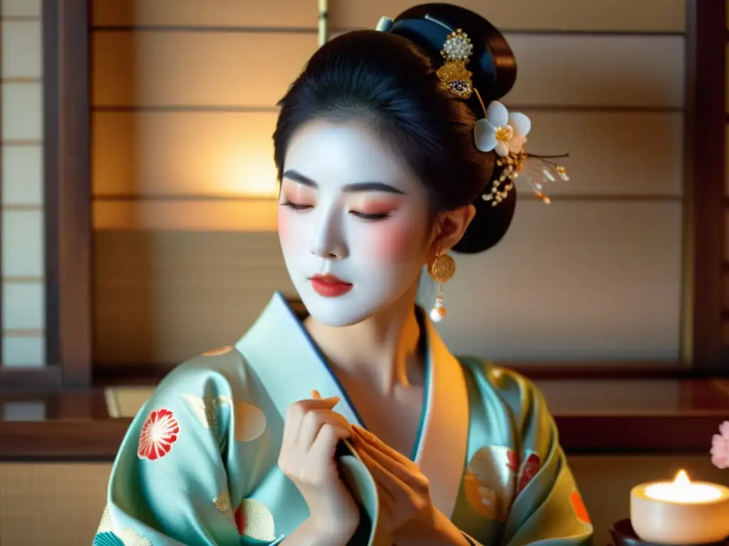 Una mujer japonesa serena, aplicando una mascarilla facial con ingredientes naturales, en un ritual de cuidado de la piel