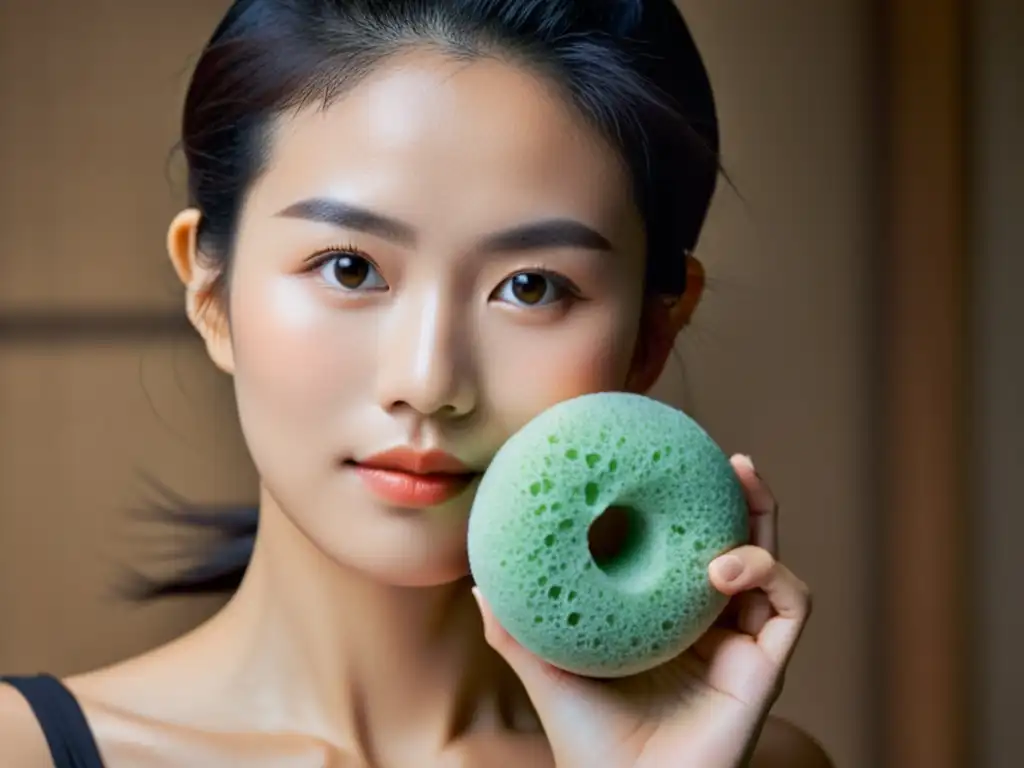 Una mujer japonesa tradicional disfruta de los beneficios de la esponja Konjac en su ritual de belleza, con una expresión serena y una piel radiante